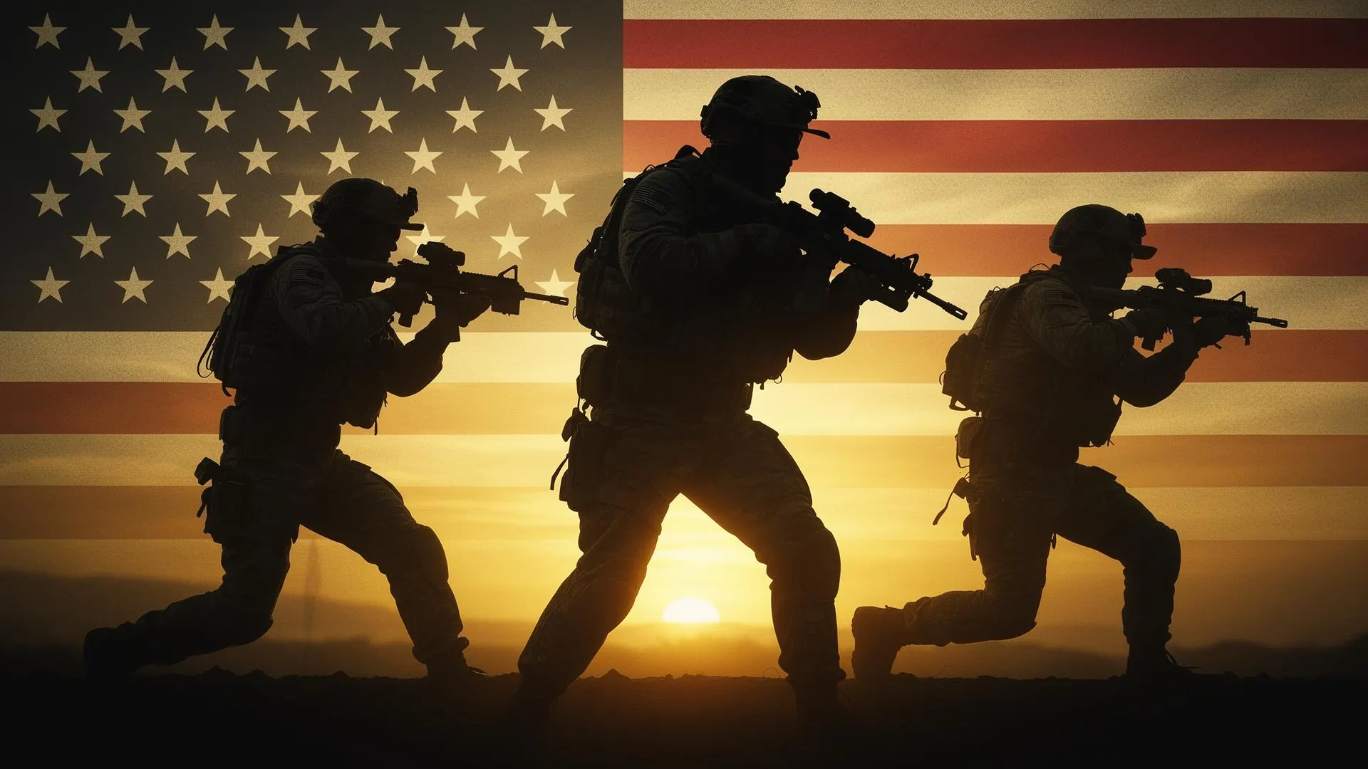 Tactical silhouettes at golden hour with American flag