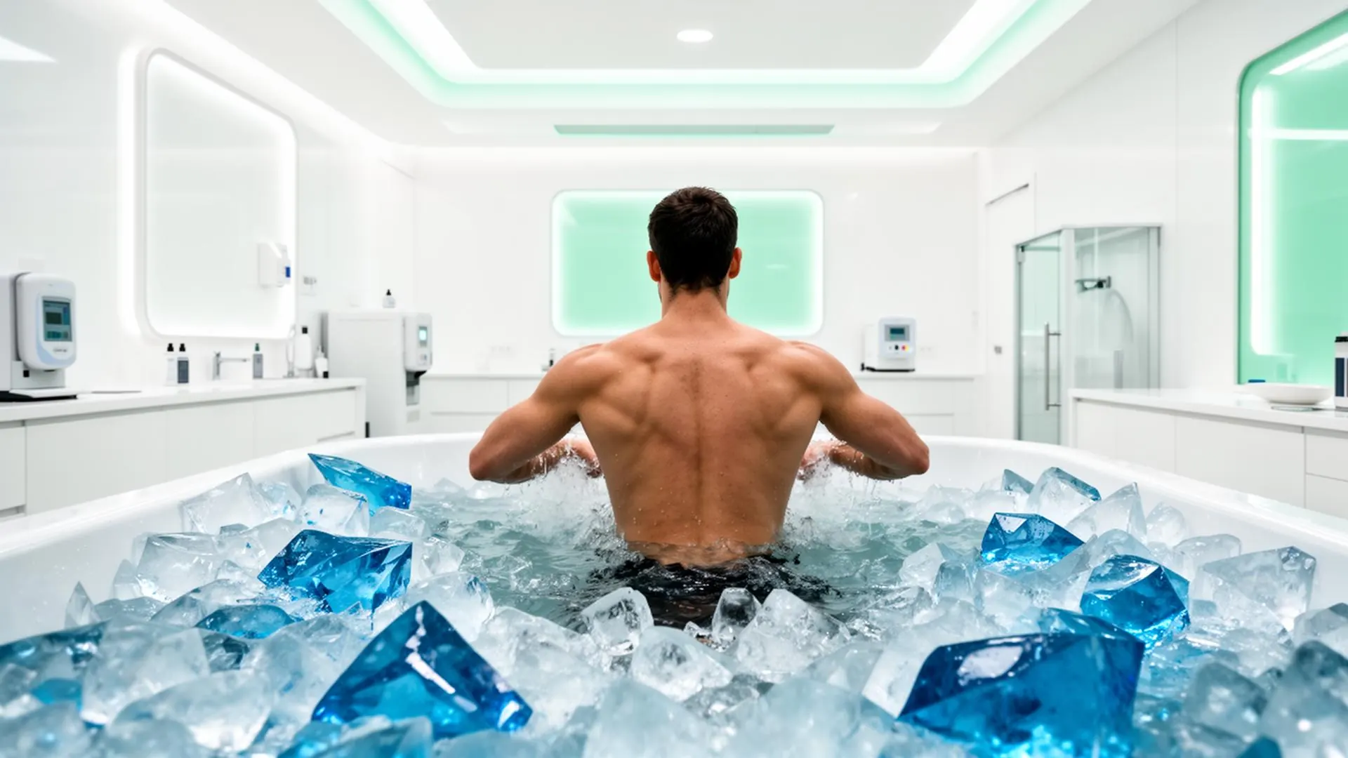 Athlete in a cold plunge inside a bright recovery lab