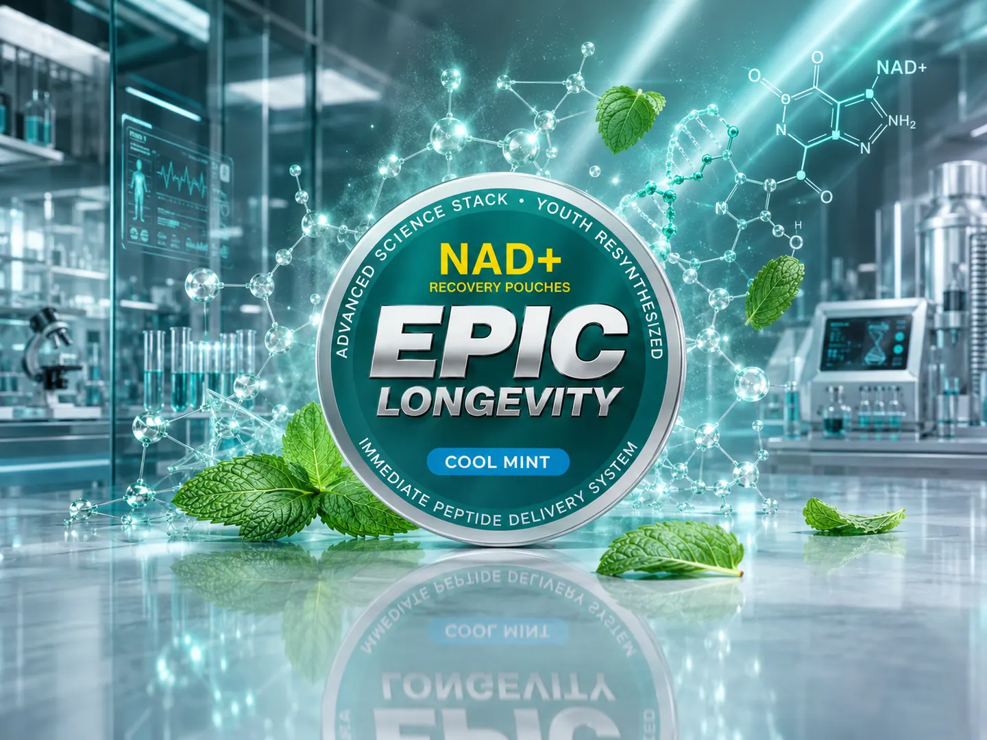 EPIC Longevity Cool Mint tin with mint leaves and teal molecular visuals