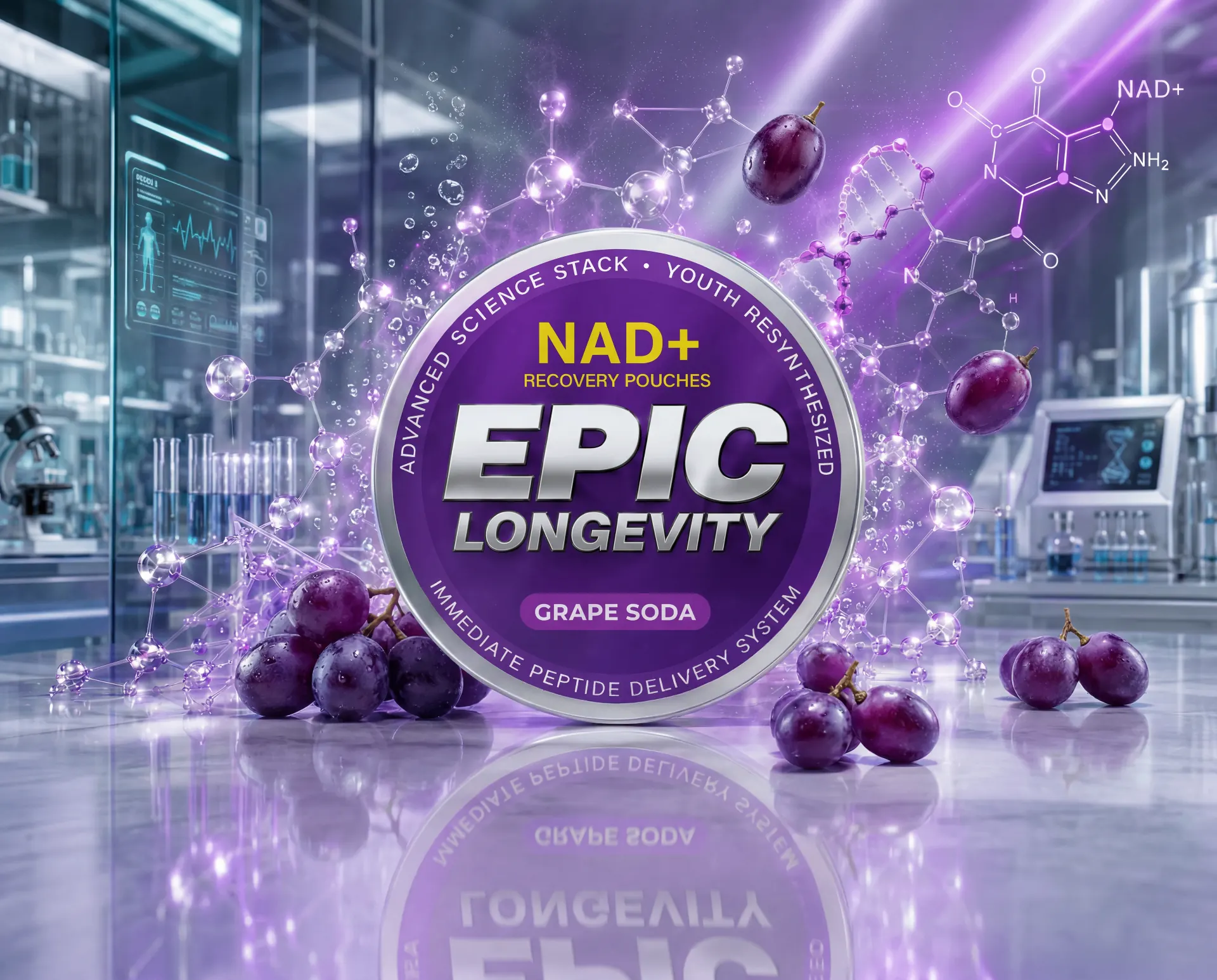 EPIC Longevity Grape Soda tin with purple grape imagery and molecular glow