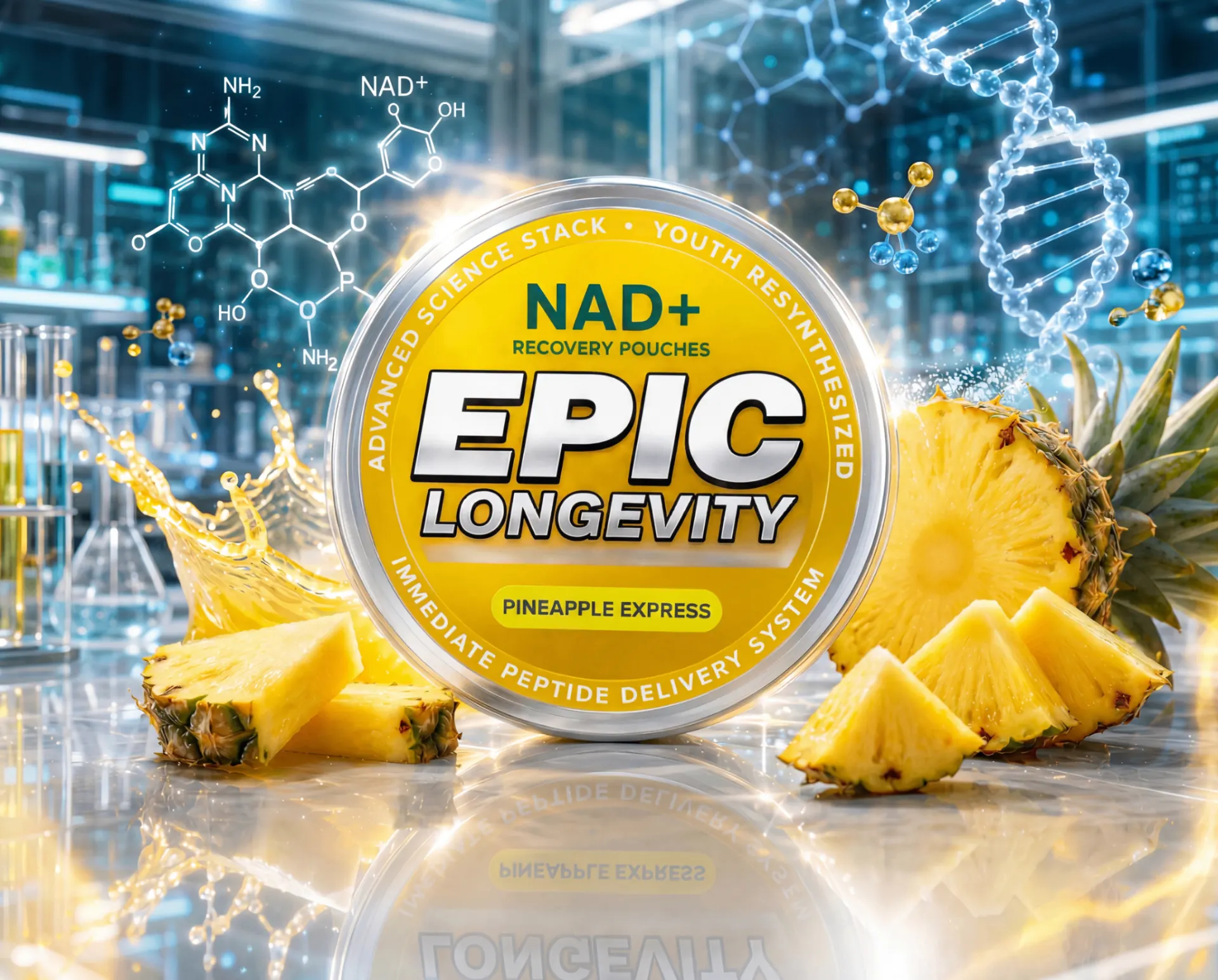 EPIC Longevity Pineapple Express tin with pineapple slices and golden splash