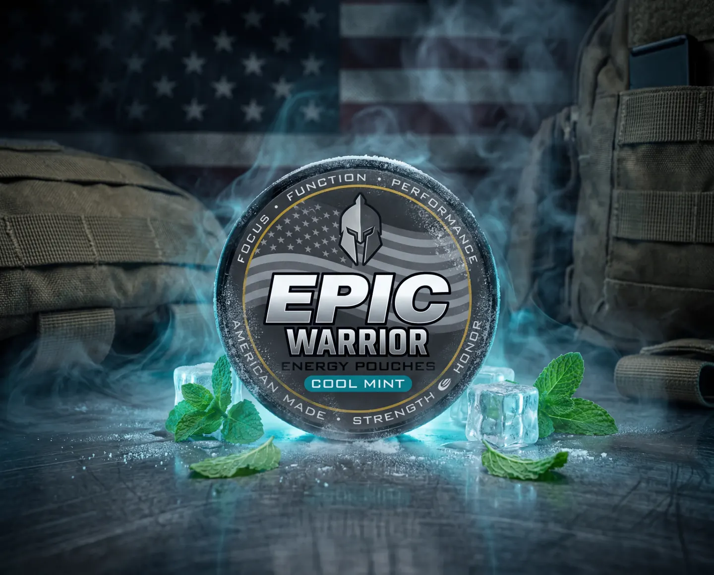 EPIC Warrior Cool Mint tin with ice and mint leaves