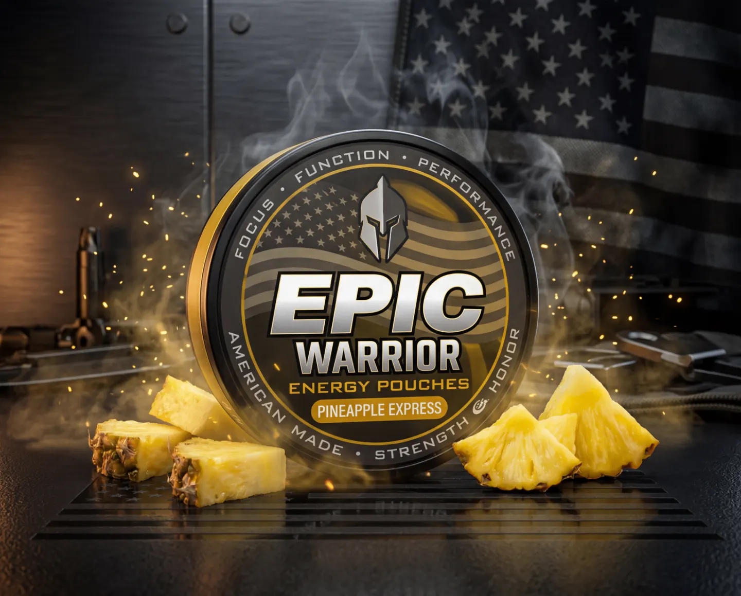 EPIC Warrior Pineapple Express tin with pineapple wedges and golden smoke