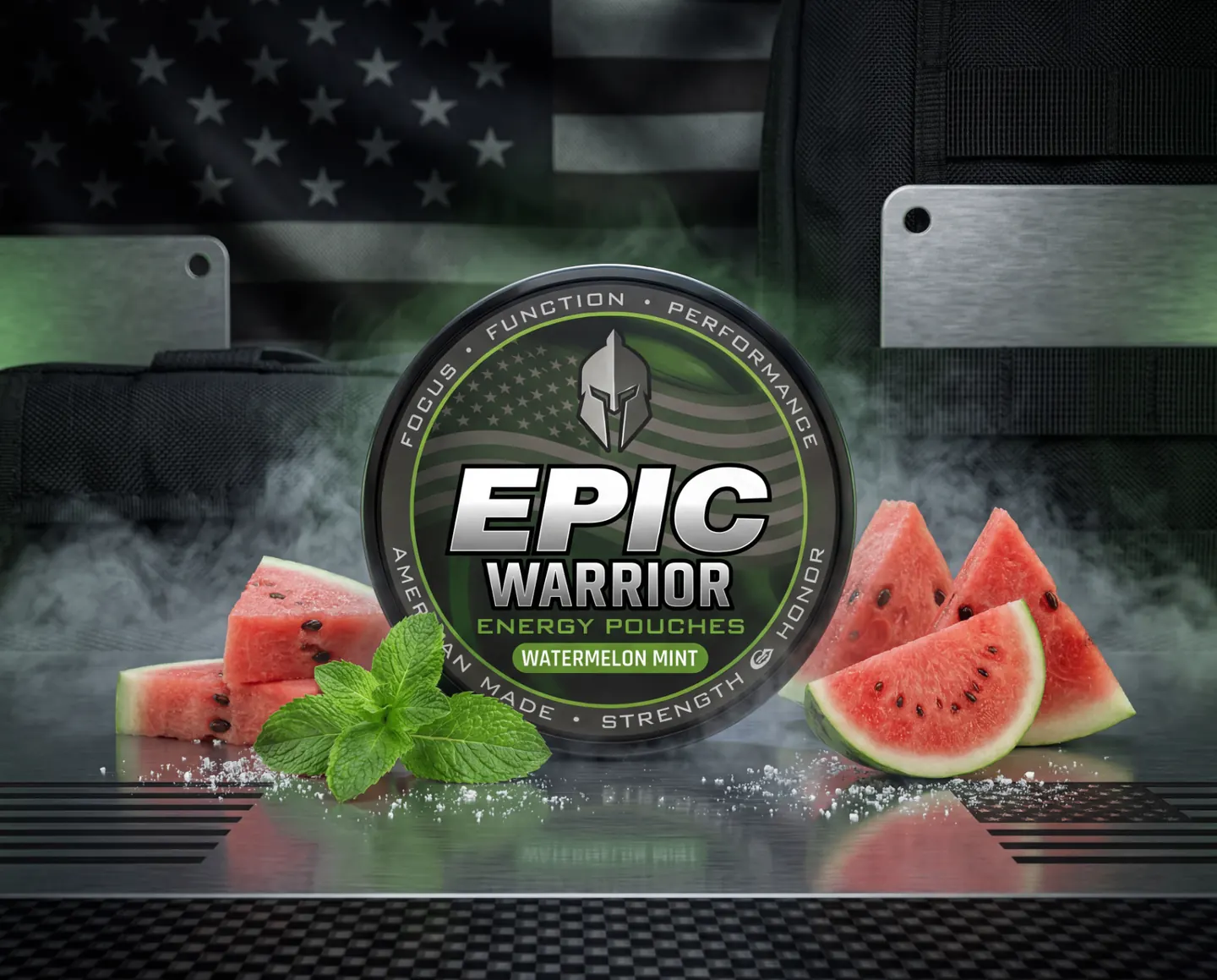 EPIC Warrior Watermelon Mint tin with watermelon slices and fresh mint