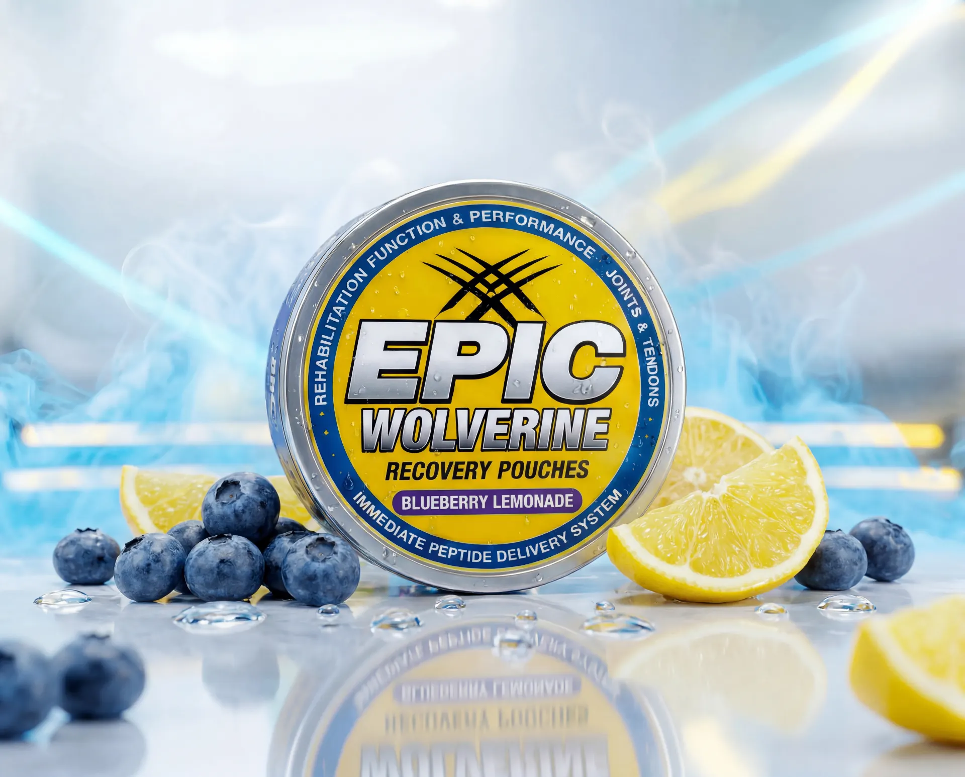 EPIC Wolverine Blueberry Lemonade tin with blueberries and lemon wedges
