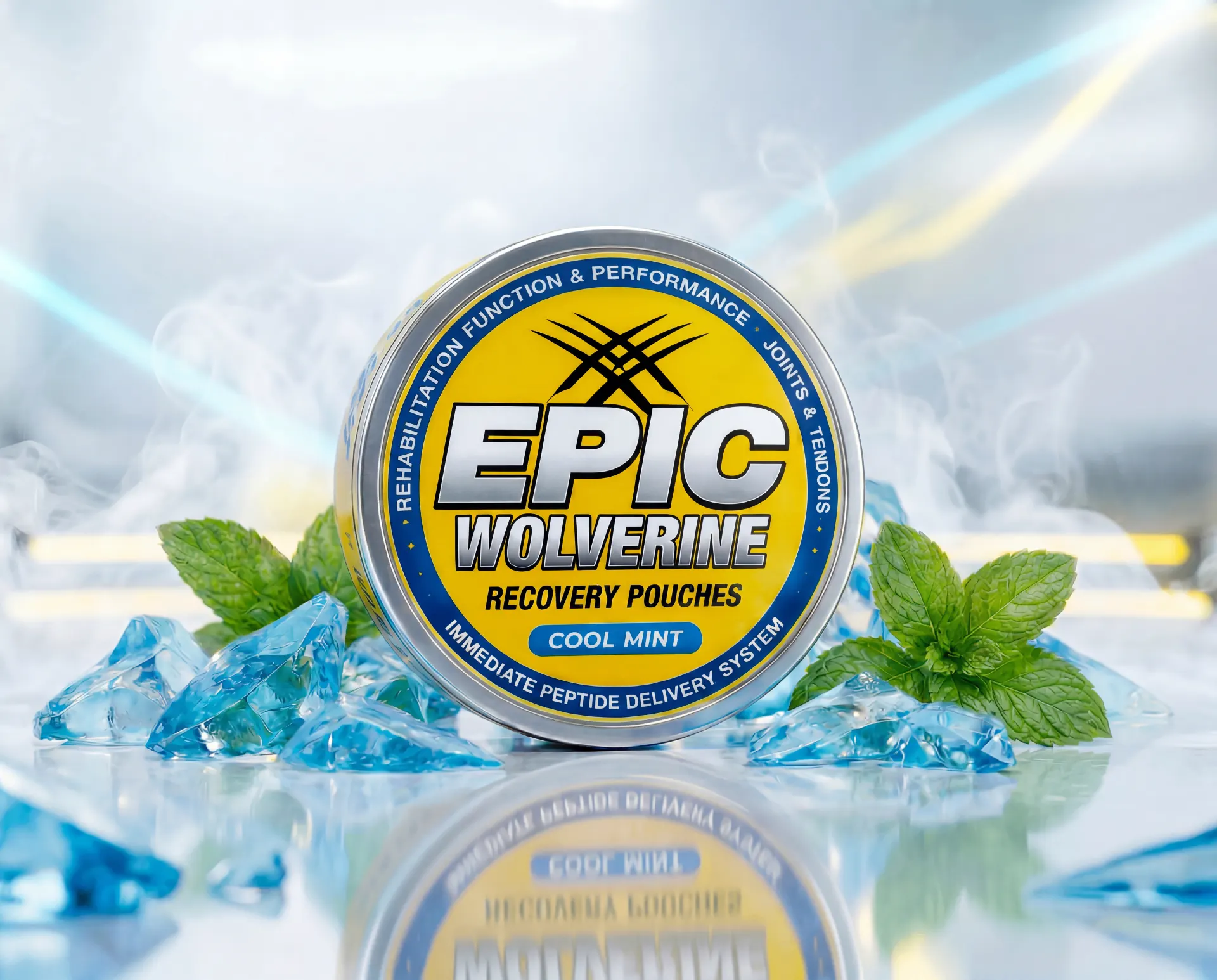EPIC Wolverine Cool Mint tin with mint leaves and blue ice